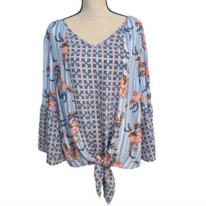 Zac & Rachel Floral Print vlouse Front Tie 3/4 Ruffle Sleeve